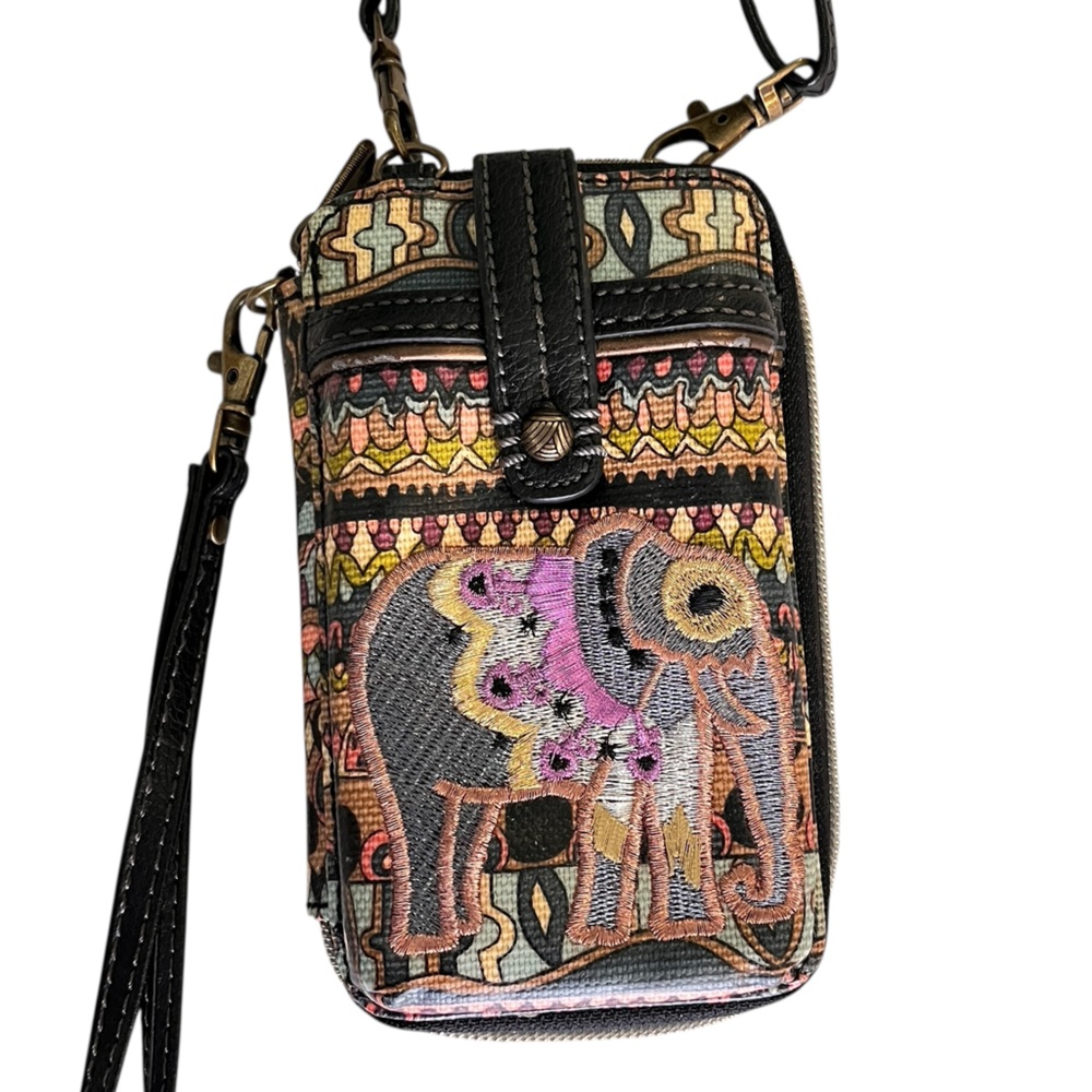 Sakroots Artist Circle Crossbody Wallet Bag Coated Canvas Embrodered Elephant